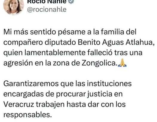 Homicidio del diputado Benito Aguas no quedará en impunidad: Rocío Nahle